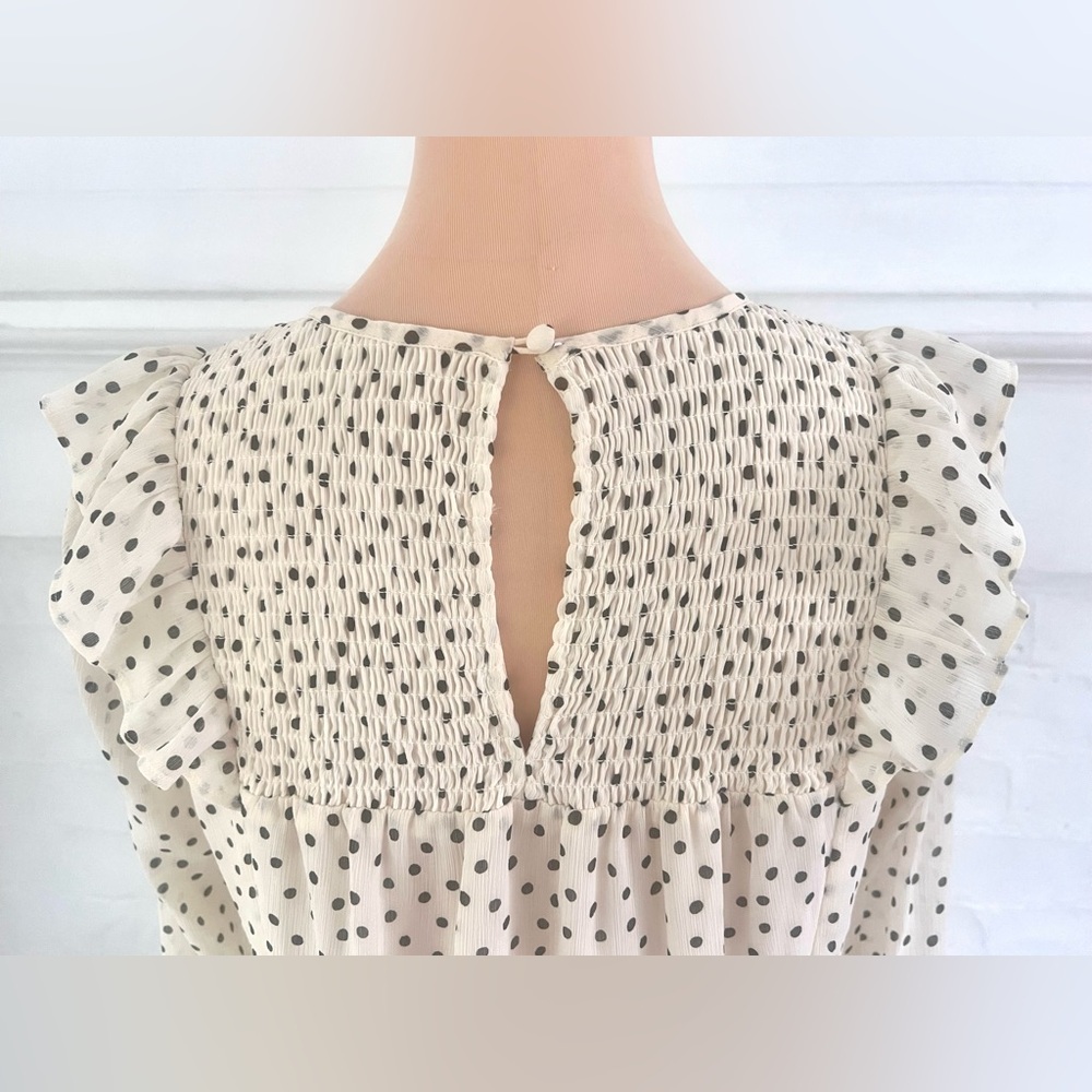 Madewell Smocked Ruffle-Shoulder Midi Dress Inkbrush Dots Cream Black Polka Dot - Picture 9 of 13